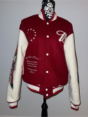 PacSun x Budweiser Burgundy and Cream Varsity Bomber Jacket
